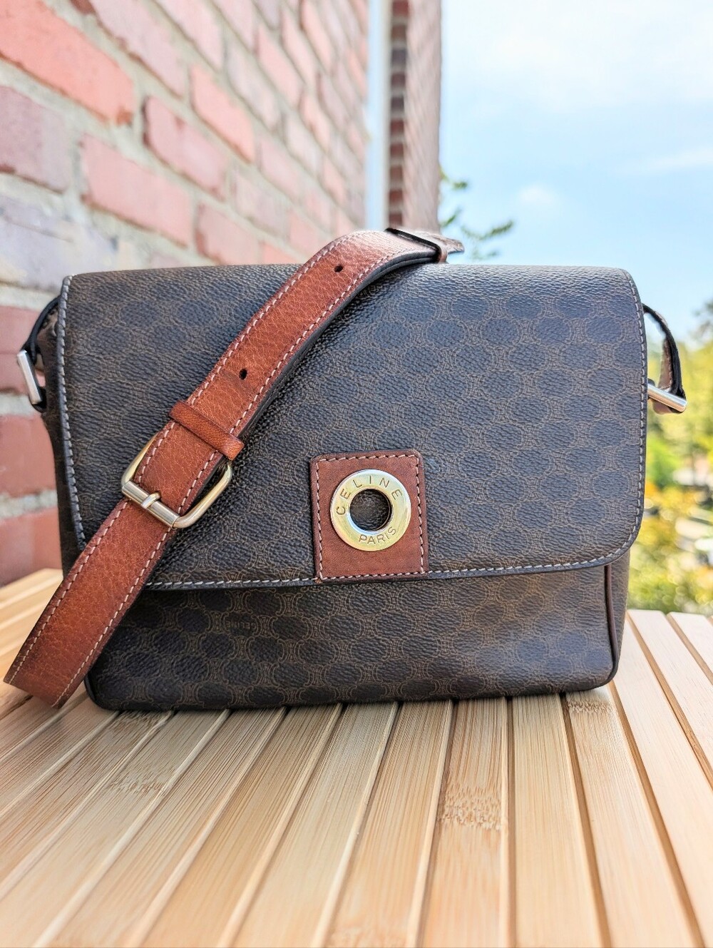 Authentic Celine Vintage Macadam Crossbody Bag Ring Logo Brown
